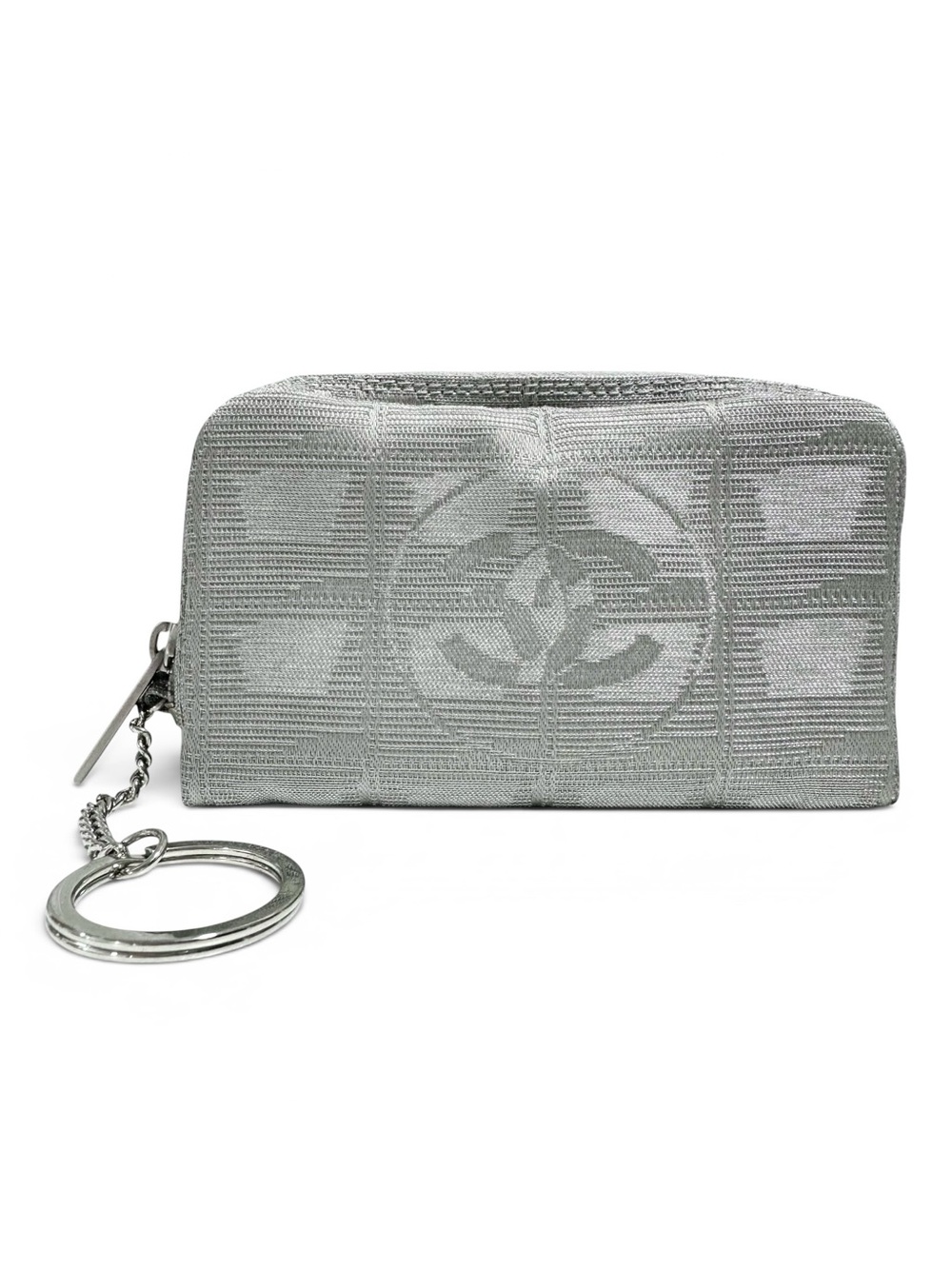 Chanel Silver Travel Line Nylon & Satin Zip Around Card Holder Keychain Pouch